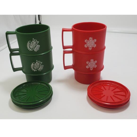 VTG Lot of 4 Tupperware Red & Green Christmas Stackable Mug with Lids/Coasters - Picture 1 of 6